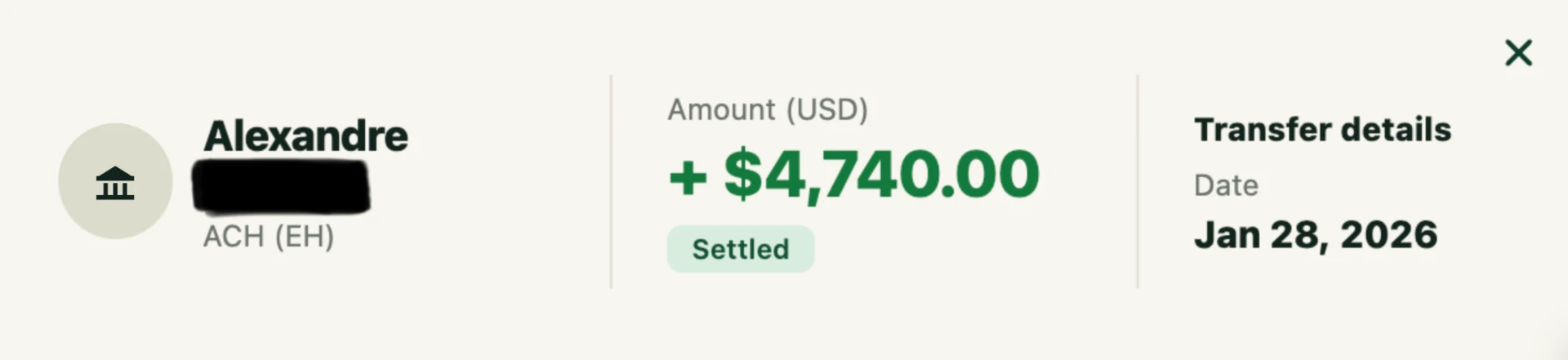 Alexandre — $4,740 — Jan 28, 2026, settled ACH transfer