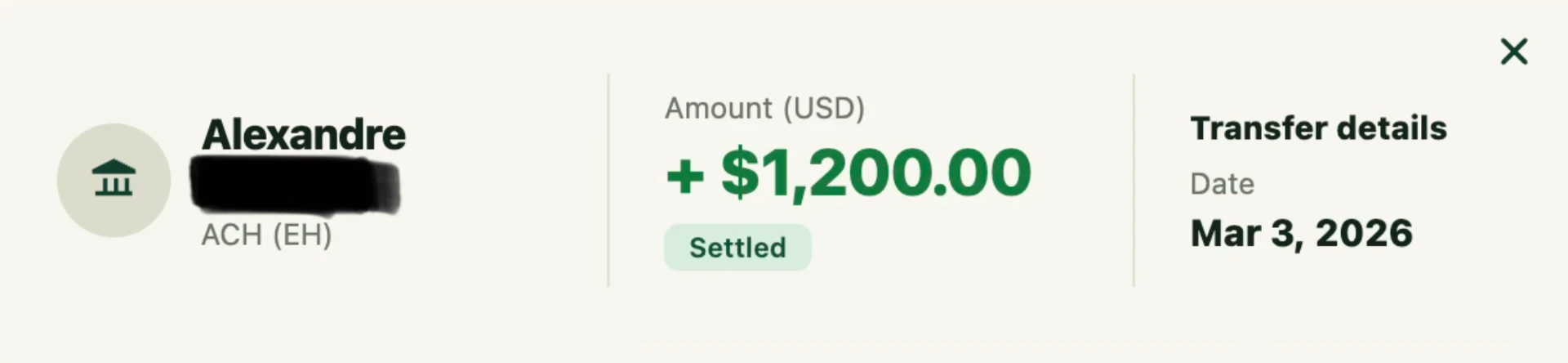 Alexandre — $1,200 — Mar 3, 2026, settled ACH transfer